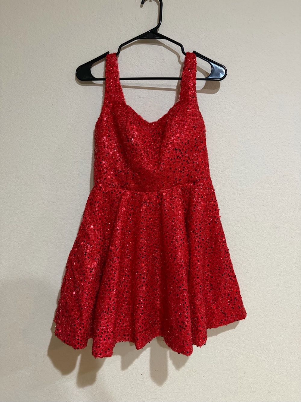 Red Sequin Fit & Flare Mini Dress Lace Up Back Adjustable Straps Party Formal